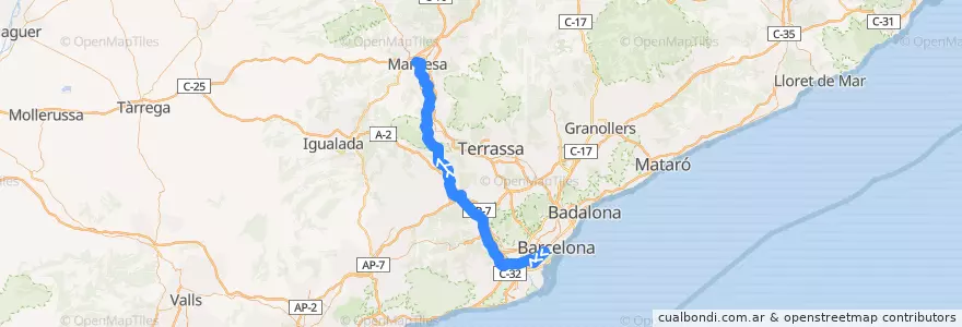 Mapa del recorrido R50 Barcelona - Pl. Espanya => Manresa Baixador de la línea  en Barcelona.