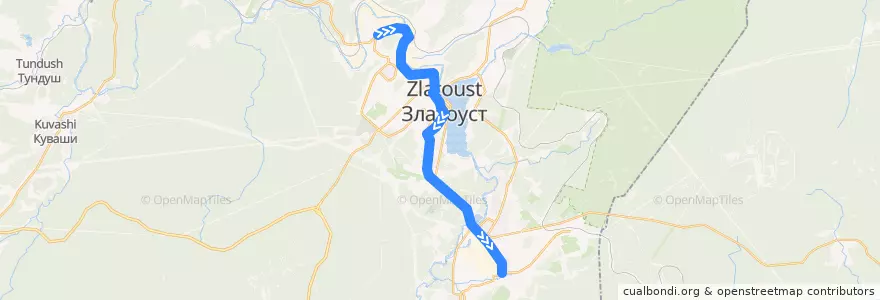 Mapa del recorrido Трамвай маршрут №1: Университет - Машиностроитель de la línea  en Златоустовский городской округ.