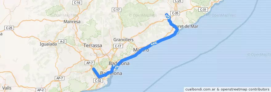 Mapa del recorrido R1: Maçanet-Massanes - Molins de Rei de la línea  en Barcelona.