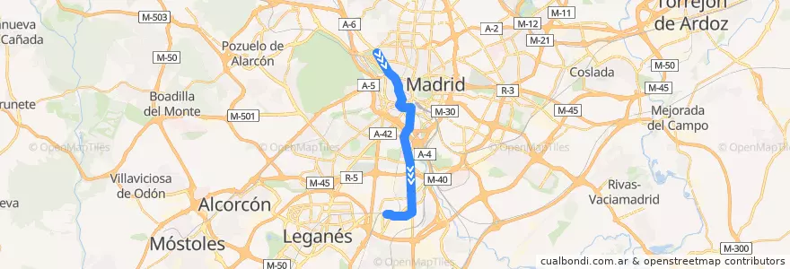 Mapa del recorrido Línea 3: Moncloa-Villaverde Alto de la línea  en Мадрид.