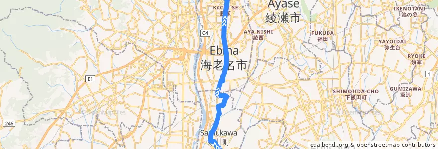 Mapa del recorrido 海73 東今里経由 海老名駅東口行 de la línea  en 神奈川県.