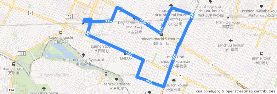 Mapa del recorrido 吉祥寺東循環 de la línea  en 武蔵野市.