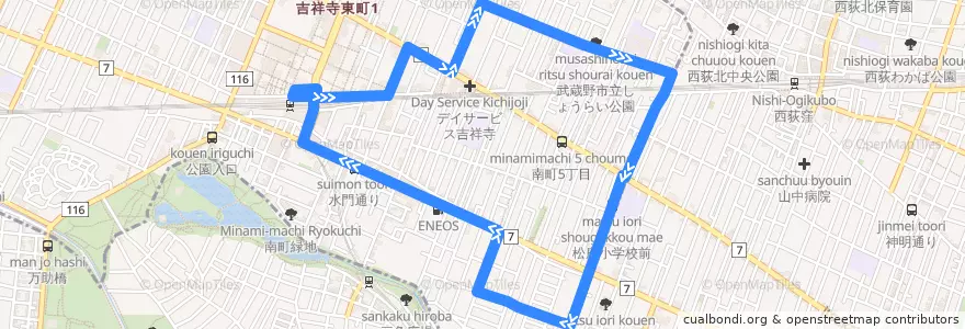 Mapa del recorrido 吉祥寺東循環 de la línea  en Musashino.