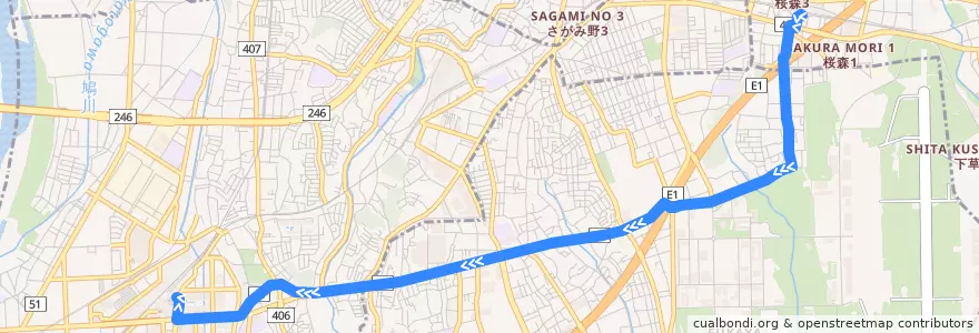 Mapa del recorrido 綾52 de la línea  en 가나가와현.