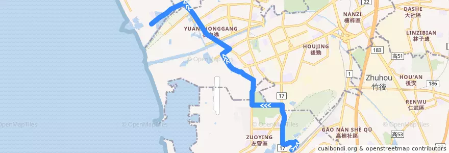 Mapa del recorrido 紅53(蚵仔寮快線_往程) de la línea  en Kaohsiung.