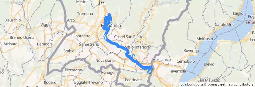 Mapa del recorrido Linea 2: Chiasso – Mendrisio (Centri Commerciali) de la línea  en Distretto di Mendrisio.