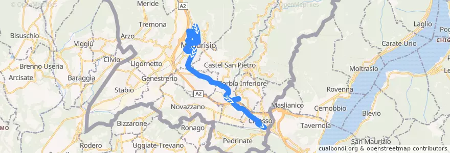 Mapa del recorrido Linea 2: Mendrisio – Chiasso (Centri Commerciali) de la línea  en Distretto di Mendrisio.