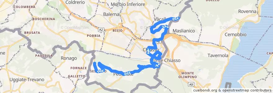 Mapa del recorrido Linea 511: Vacallo - Chiasso - Pedrinate - Seseglio de la línea  en Distretto di Mendrisio.