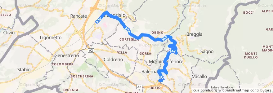 Mapa del recorrido Linea 513: Mendrisio - Castel S. Pietro - Morbio Inferiore Serfontana de la línea  en Distretto di Mendrisio.