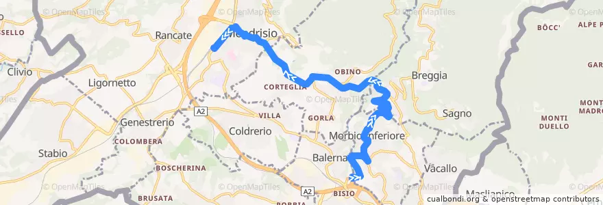Mapa del recorrido Linea 513: Morbio Inferiore Serfontana - Castel S. Pietro - Mendrisio de la línea  en Distretto di Mendrisio.
