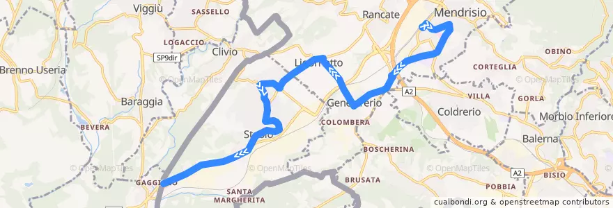 Mapa del recorrido Linea 523: Mendrisio - Genestrerio - Stabio - Gaggiolo (-Varese) de la línea  en Bezirk Mendrisio.