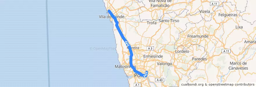 Mapa del recorrido Linha B: Estádio do Dragão => Póvoa de Varzim de la línea  en Área Metropolitana do Porto.