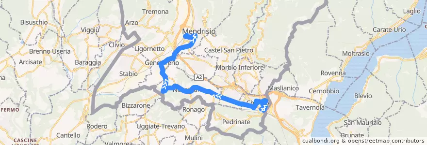 Mapa del recorrido Linea 517: Chiasso - Novazzano - Mendrisio de la línea  en Distretto di Mendrisio.