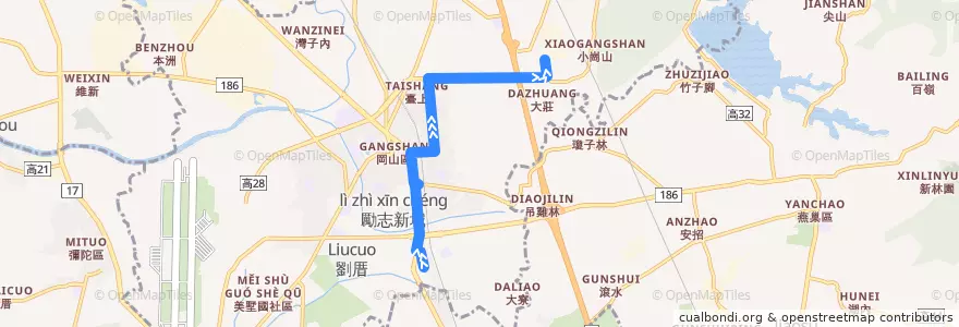 Mapa del recorrido 紅68B(往程) de la línea  en 岡山區.