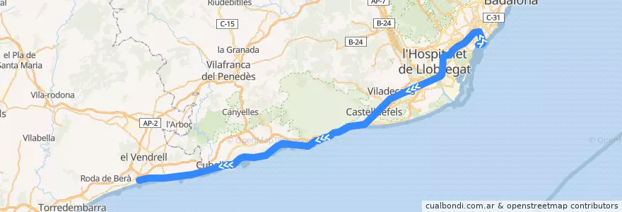 Mapa del recorrido R2Sud: Barcelona-Estació de França - Sant Vicenç de Calders via Vilanova i la Geltrú de la línea  en Sepanyol.