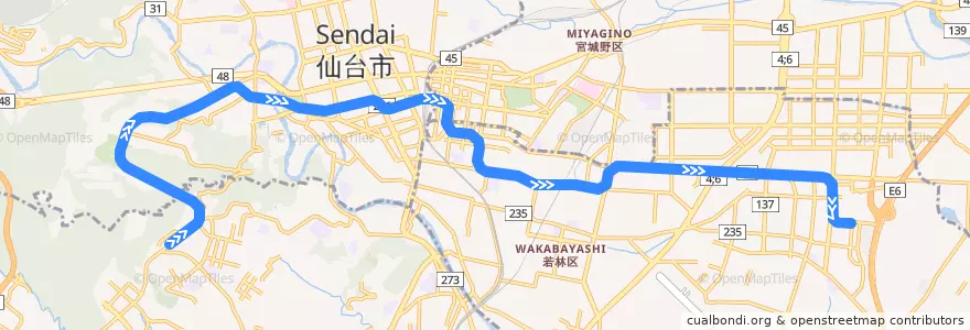 Mapa del recorrido 仙台市営地下鉄東西線 de la línea  en Sendai.