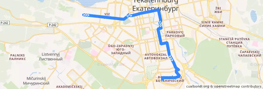 Mapa del recorrido Автобус 2. Радиотехникум – Ботаническая de la línea  en городской округ Екатеринбург.