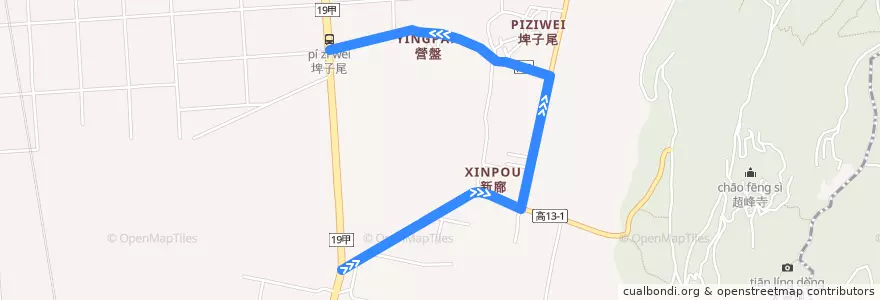 Mapa del recorrido 紅70(繞駛天山營區_往程) de la línea  en 阿蓮區.