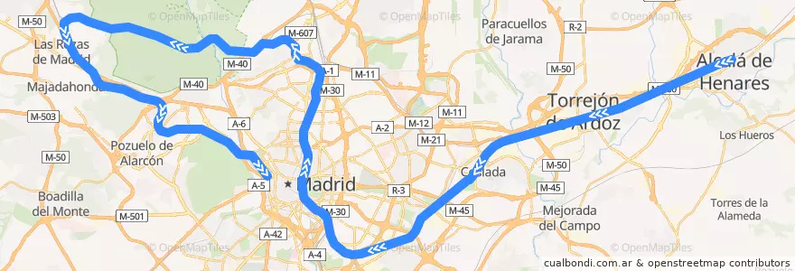 Mapa del recorrido C-7. Alcalá de Henares → Atocha → Chamartín → Príncipe Pío de la línea  en Área metropolitana de Madrid y Corredor del Henares.