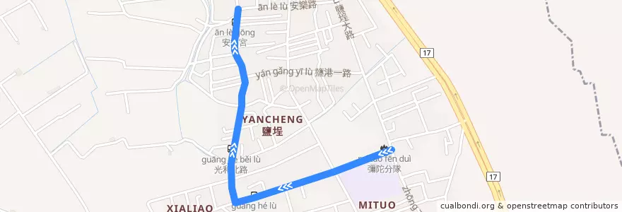 Mapa del recorrido 紅72(延駛安樂宮_往程) de la línea  en 彌陀區.