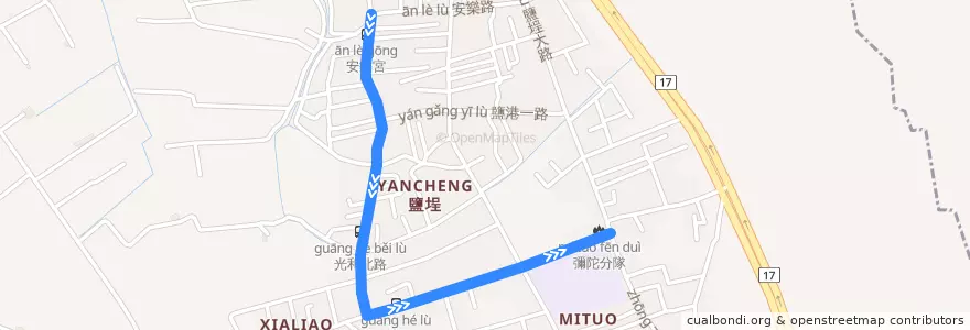 Mapa del recorrido 紅72(延駛安樂宮_返程) de la línea  en 彌陀區.