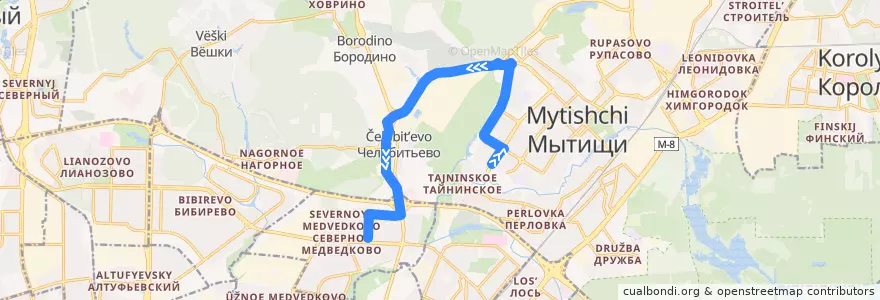 Mapa del recorrido Автобус 197: Мытищи (14-й микрорайон) => Москва (метро «Медведково») de la línea  en Mytishchi Urban Okrug.