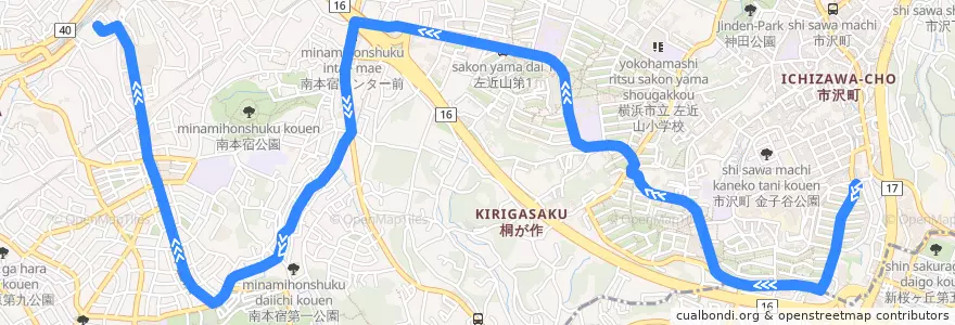Mapa del recorrido 旭1 左近山第6→二俣川駅南口行 de la línea  en Asahi Ward.