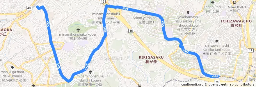 Mapa del recorrido 旭1 左近山第5→二俣川駅南口行き de la línea  en 旭区.