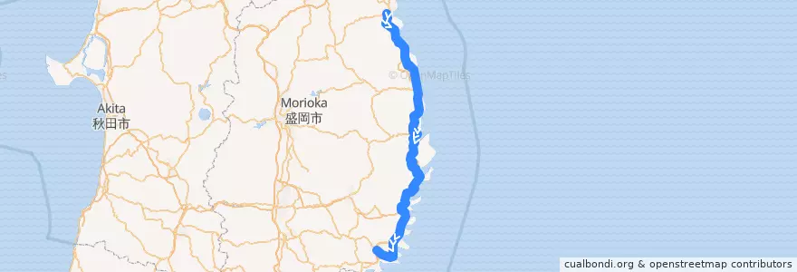 Mapa del recorrido 三陸鉄道リアス線 久慈 => 盛 de la línea  en Иватэ.