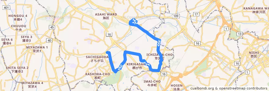 Mapa del recorrido 旭1 鶴ヶ峰駅→二俣川駅南口 de la línea  en 旭区.