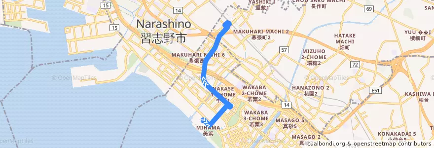 Mapa del recorrido 新都心・幕張線　ZOZOマリンスタジアム⇒幕張本郷駅 de la línea  en 美浜区.