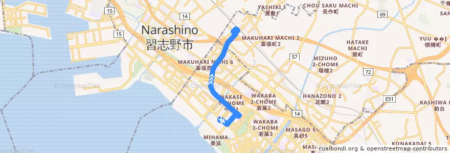 Mapa del recorrido 新都心・幕張線　幕張メッセ中央⇒幕張本郷駅 de la línea  en Prefectura de Chiba.