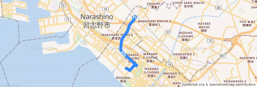 Mapa del recorrido 新都心・幕張線　幕張本郷駅⇒幕張メッセ中央 de la línea  en Préfecture de Chiba.