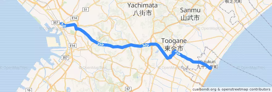 Mapa del recorrido 九十九里ライナー　JR千葉駅⇒片貝駅 de la línea  en Prefettura di Chiba.