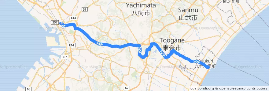 Mapa del recorrido 九十九里ライナー　JR千葉駅⇒片貝駅 de la línea  en 지바현.