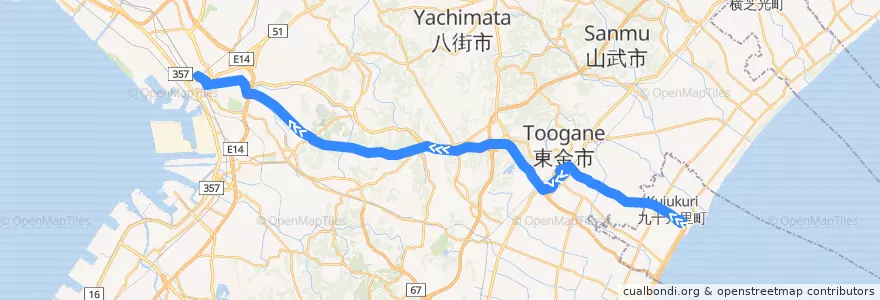 Mapa del recorrido 九十九里ライナー　片貝駅⇒JR千葉駅 de la línea  en Préfecture de Chiba.