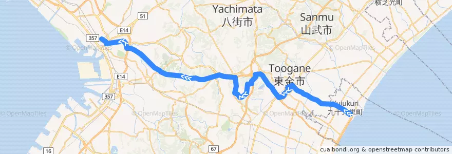 Mapa del recorrido 九十九里ライナー　片貝駅⇒JR千葉駅 de la línea  en 千葉県.
