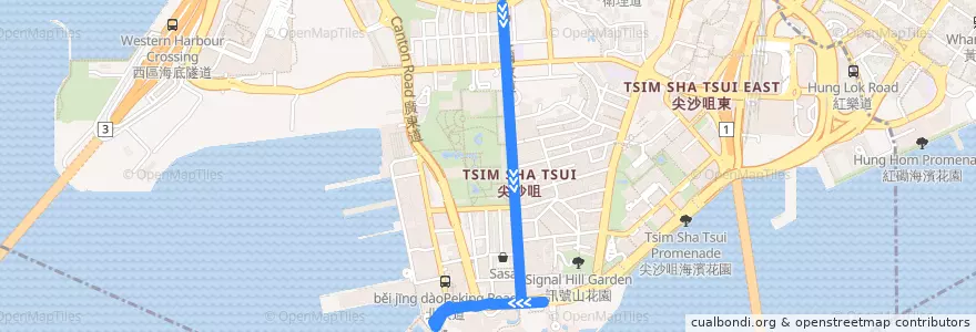 Mapa del recorrido Bus 6 (荔枝角 - 尖沙咀碼頭) de la línea  en 油尖旺區.
