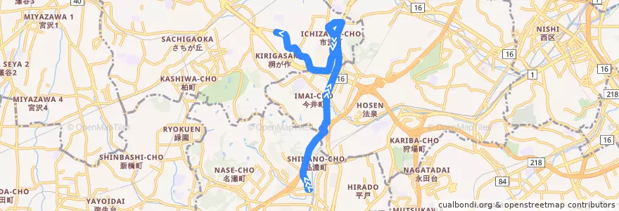 Mapa del recorrido 旭6 東戸塚駅西口→左近山第1 de la línea  en 横浜市.