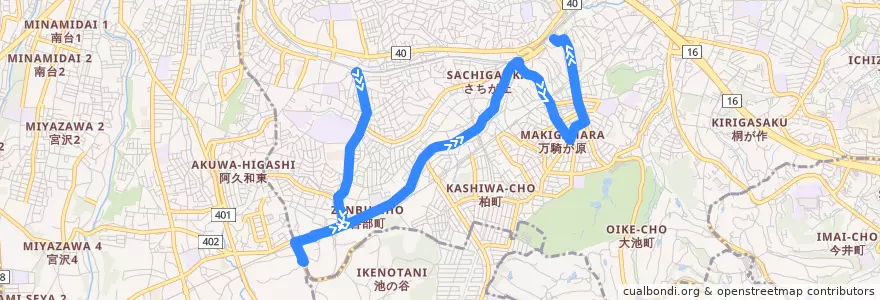 Mapa del recorrido 旭88: 希望ヶ丘駅 → 二俣川駅南口 de la línea  en 旭区.