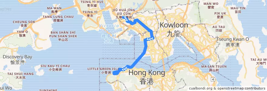 Mapa del recorrido 過海隧巴904線 Cross-harbour Bus 904 (荔枝角 Lai Chi Kok → 堅尼地城 Kennedy Town) de la línea  en 新界.