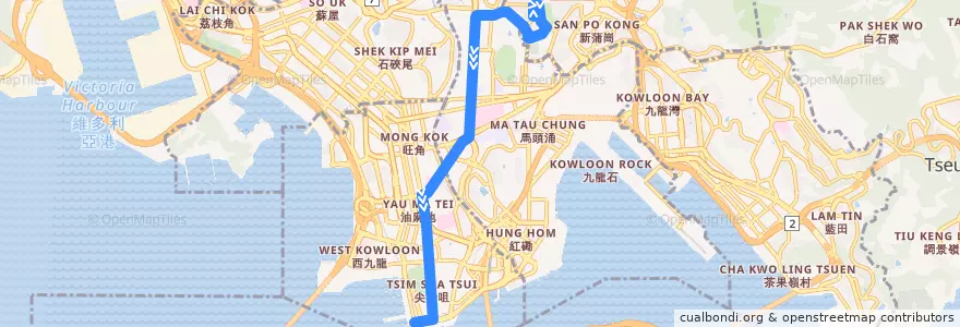 Mapa del recorrido Bus 7 (Star Ferry - Lok Fu B/T) de la línea  en Kowloon.