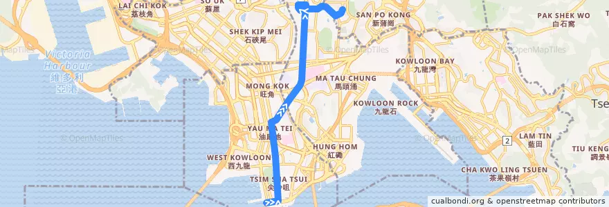 Mapa del recorrido Bus 7 (Star Ferry - Lok Fu B/T) de la línea  en Kowloon.