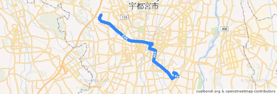 Mapa del recorrido 関東自動車バス[10] 卸会館前⇒駒生営業所 de la línea  en 宇都宮市.
