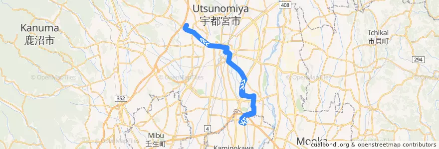 Mapa del recorrido 関東自動車バス[10] 本郷台西汗⇒駒生営業所 de la línea  en 宇都宮市.