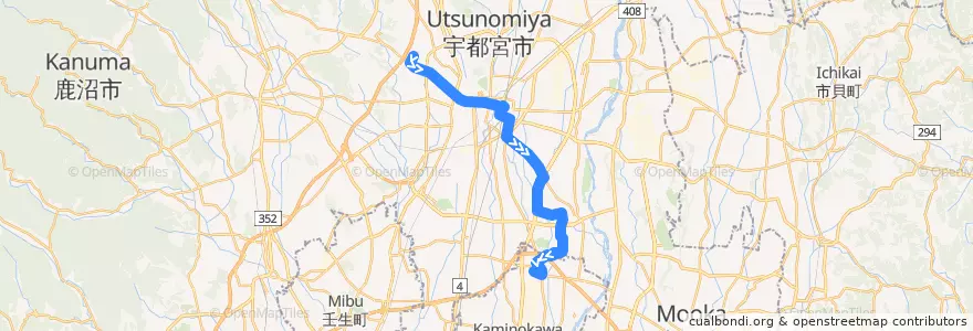 Mapa del recorrido 関東自動車バス[84] 駒生営業所⇒本郷台西汗 de la línea  en 宇都宮市.