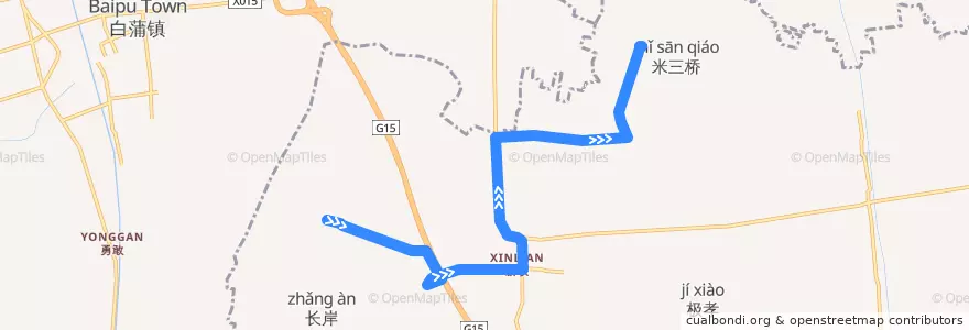 Mapa del recorrido 396路: 长岸村村部 => 米三桥村村部 de la línea  en 刘桥镇.