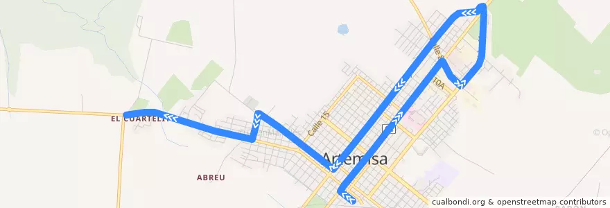 Mapa del recorrido Local 101 Artemisa Base=> Rotonda => Recría de la línea  en Ciudad de Artemisa.