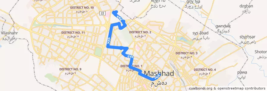 Mapa del recorrido خط ۲۲ (پایانه شهدا - پایانه معراج) de la línea  en Mashhad.