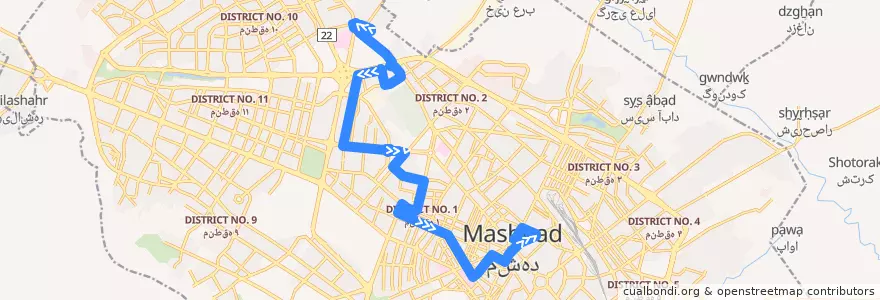 Mapa del recorrido خط ۲۲ (پایانه معراج - پایانه شهدا) de la línea  en Mashhad.